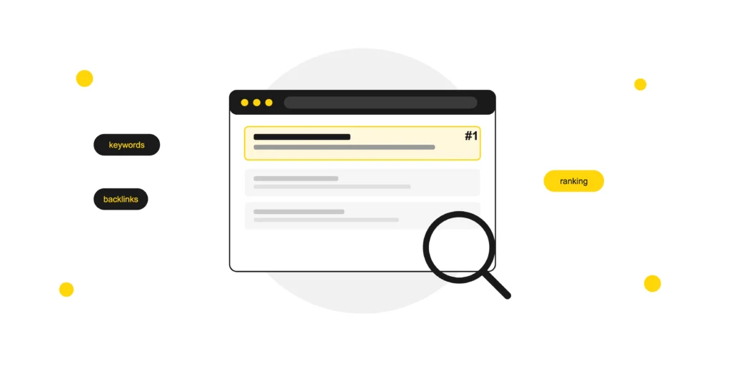 SEO basics illustration showing keywords, backlinks, search rankings, and website visibility on Google