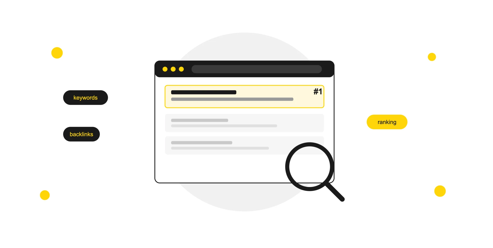 SEO basics illustration showing keywords, backlinks, search rankings, and website visibility on Google