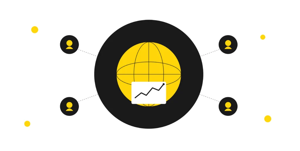 Digital marketing illustration showing online business growth, audience connections, and performance analytics