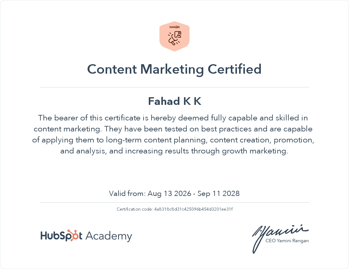 Fahad K K HubSpot Content Marketing certification