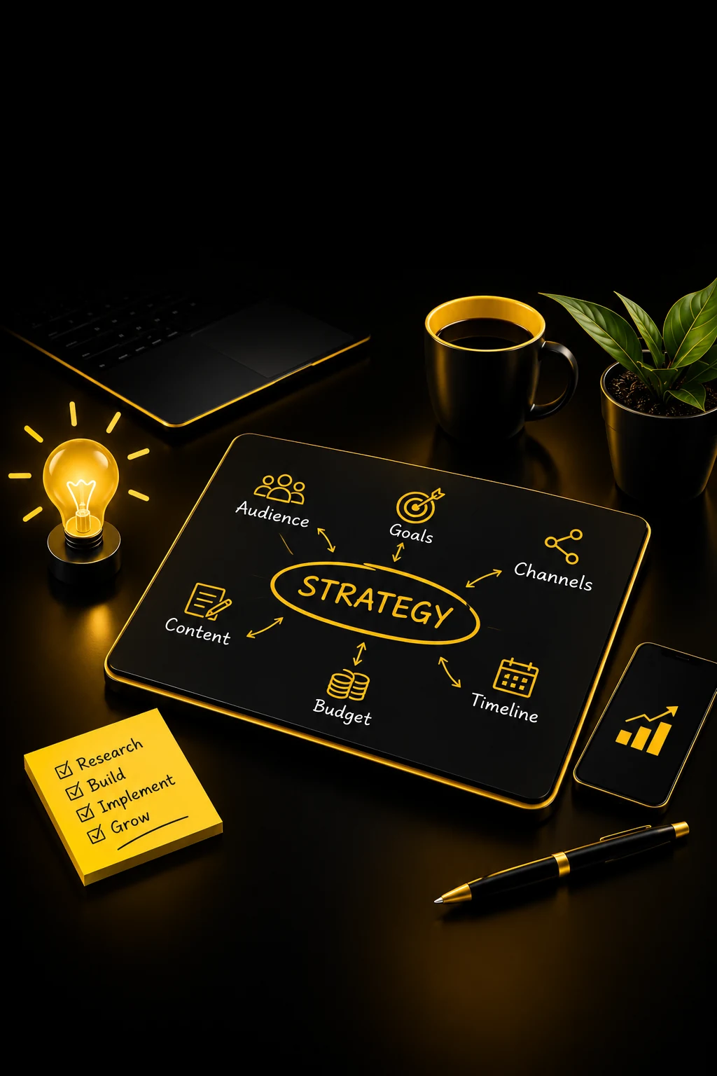 Digital marketing planning with audience, goals, content, channels and budget