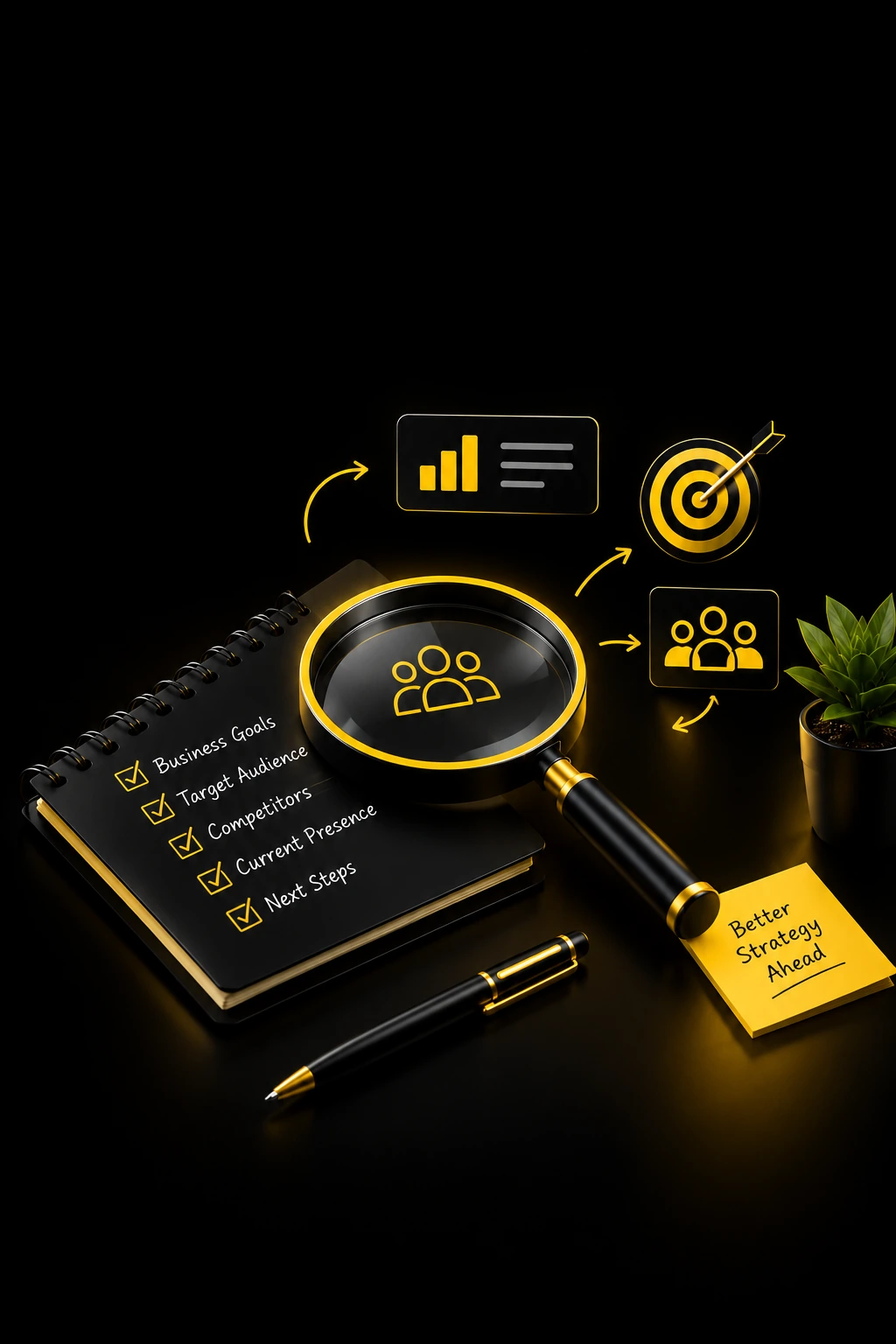 Digital marketing strategy planning with business goals, target audience and competitor research